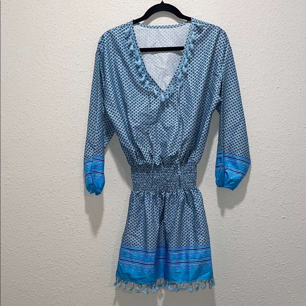 Blue Patterned Swim Cover Dress with Tassels